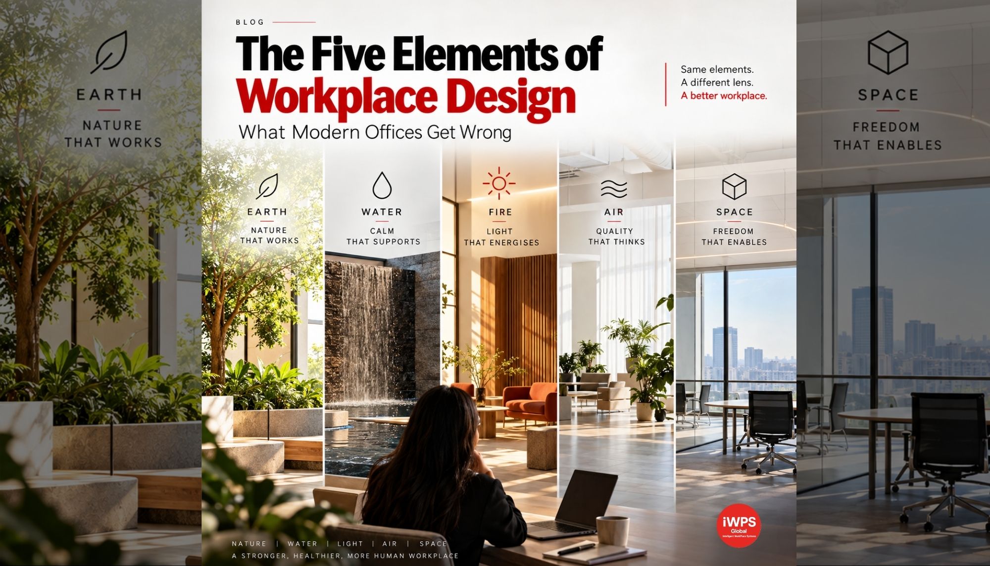 Five elements of workplace design: nature, water, light, air and space in a modern office