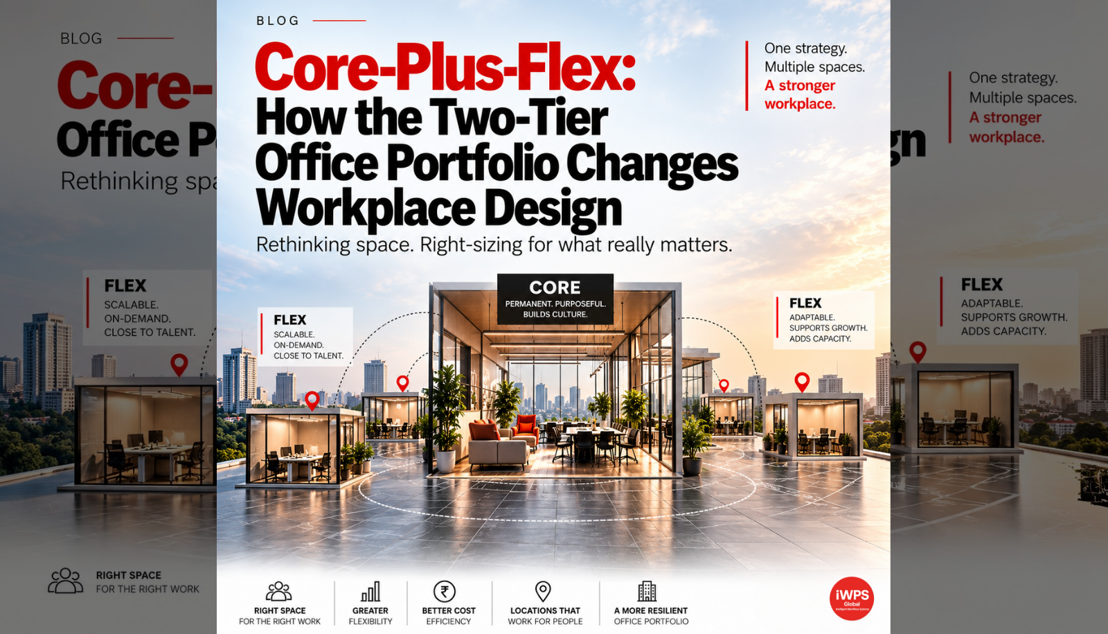 Core-plus-flex workplace strategy showing a permanent core office and flexible workspace
